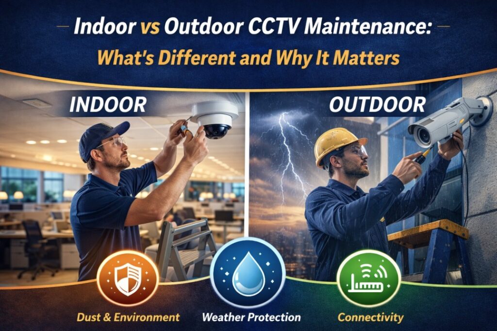comparing indoor vs outdoor CCTV maintenance, showing technicians servicing indoor ceiling cameras and outdoor security cameras in harsh weather, highlighting maintenance differences and importance.