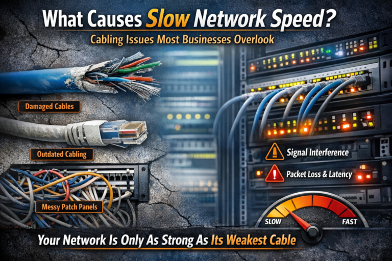 showing causes of slow network speed, including damaged Ethernet cables, outdated cabling, messy patch panels, signal interference, and packet loss inside a business server room, highlighting how poor cabling impacts network performance.