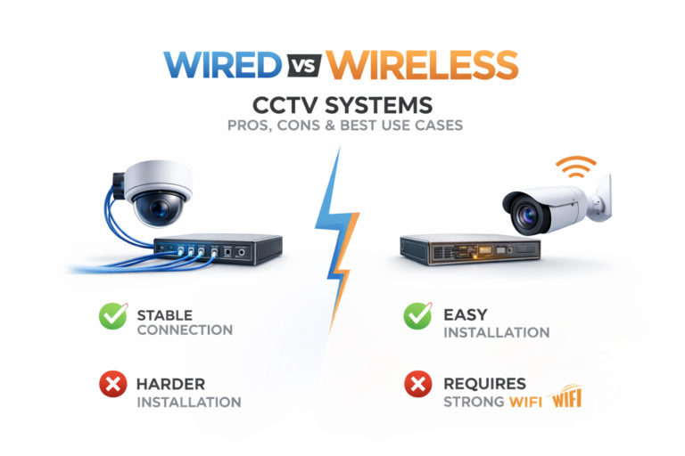 Comparison of wired vs wireless CCTV systems showing security cameras and DVR setups, explaining pros and cons for CCTV installation in Dubai, UAE.