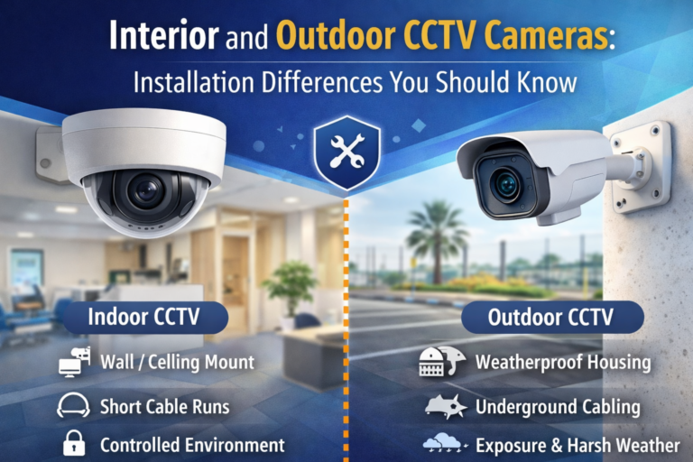 Interior and outdoor CCTV cameras installation comparison in Dubai showing dome camera for indoor security and bullet camera for outdoor surveillance