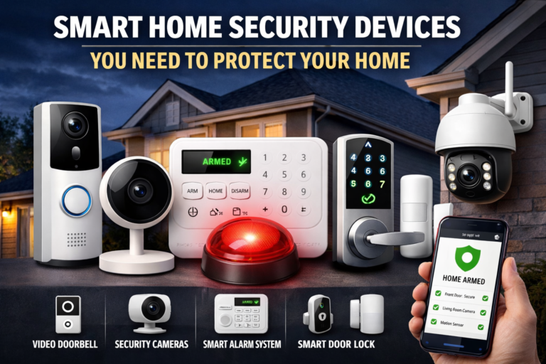 Smart home security devices including video doorbell, CCTV cameras, smart alarm system, smart door lock, and surveillance camera displayed in front of a modern house at night, with a smartphone showing a secured home status.
