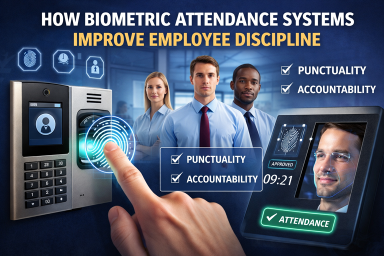 Biometric attendance system using fingerprint and facial recognition for employee time tracking, highlighting punctuality and accountability in a modern workplace.